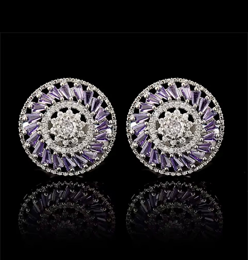 Crystal silver purple round cufflinks