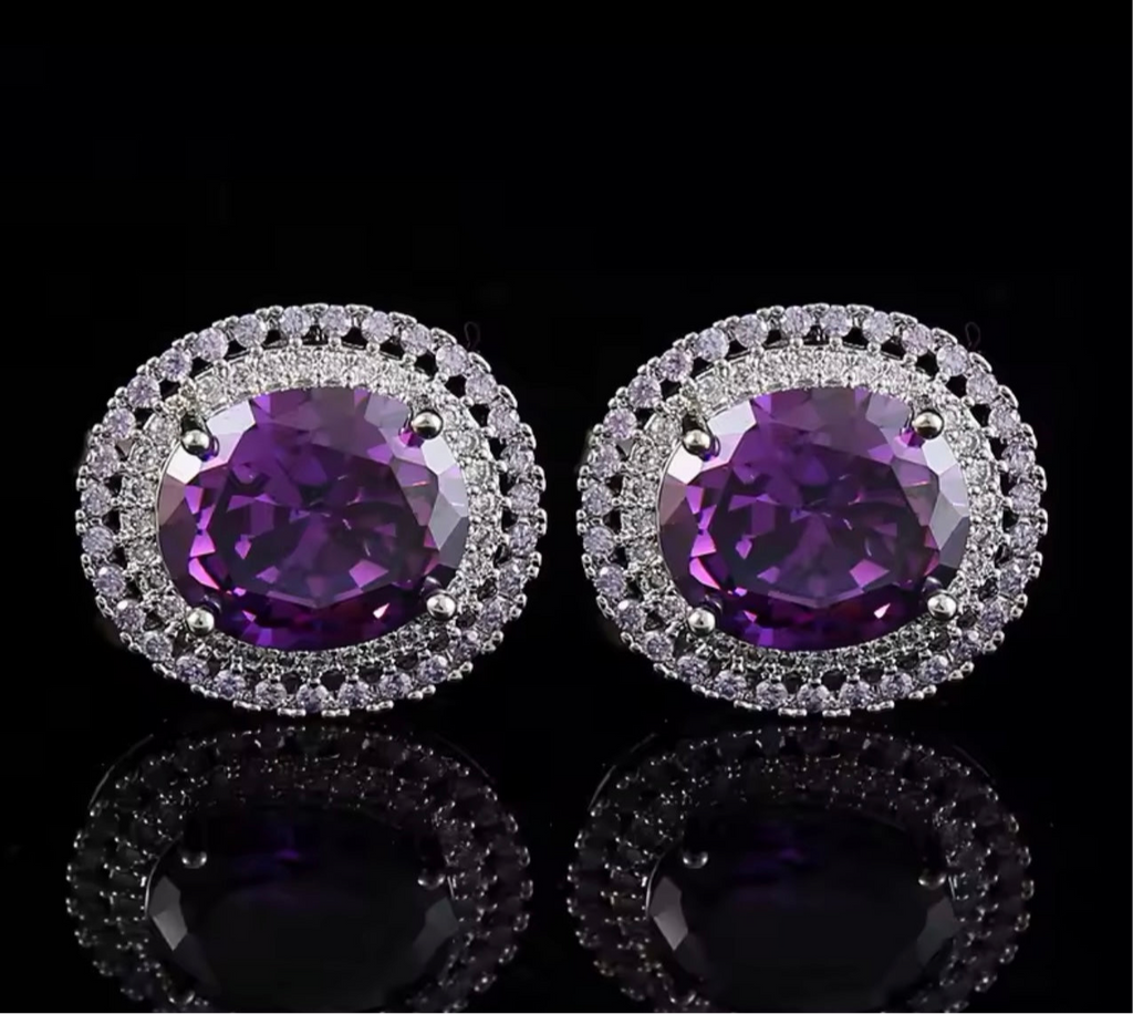 Crystal silver purple oval cufflinks