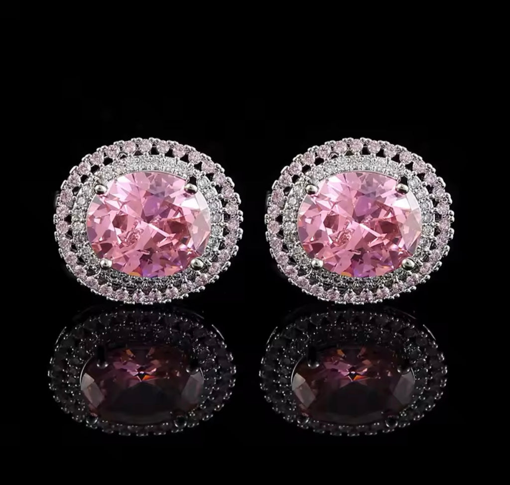 Crystal silver pink round cufflinks