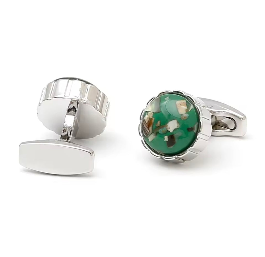 SILVER CASUAL GREEN BUTTON CUFFLINKS