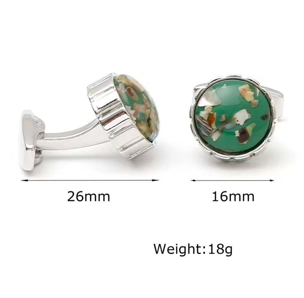 SILVER CASUAL GREEN BUTTON CUFFLINKS