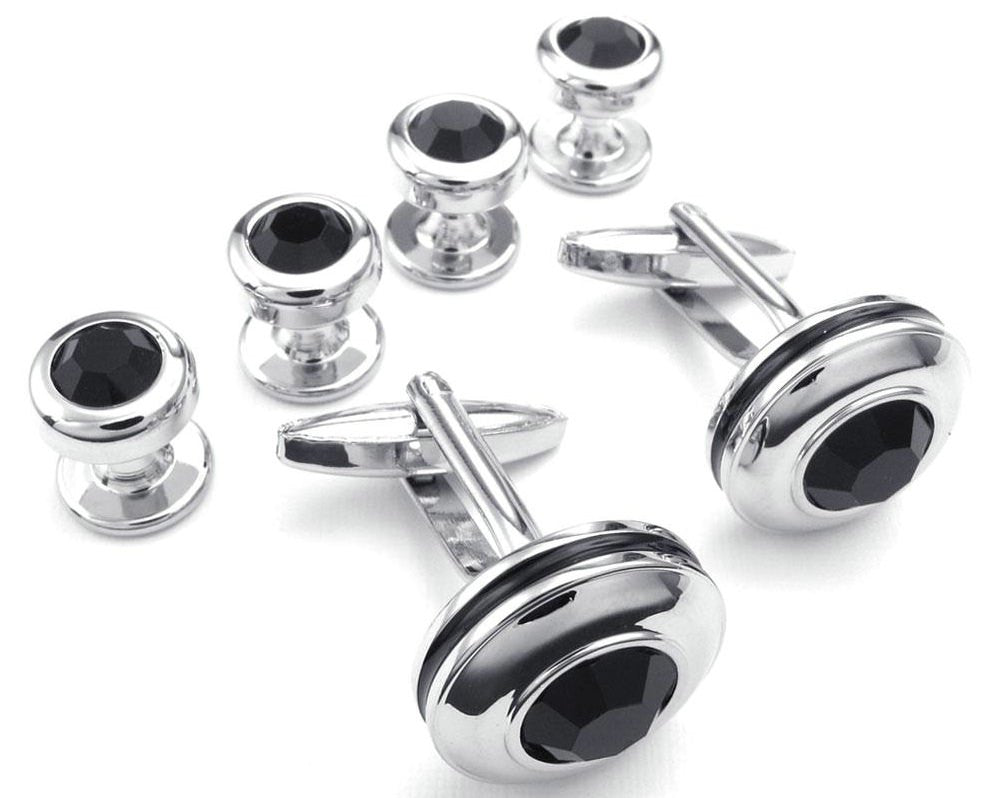 Silver Black stone Rounded Cufflinks & Studs
