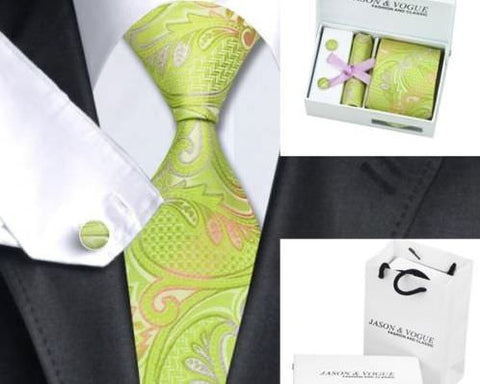 Green Tie, handkerchief, cufflinks, 100% Silk