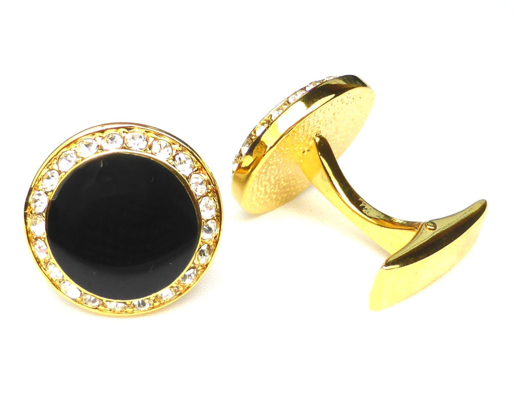 Round Rhinestone Black & Gold Cufflinks