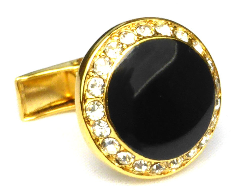Round Rhinestone Black & Gold Cufflinks