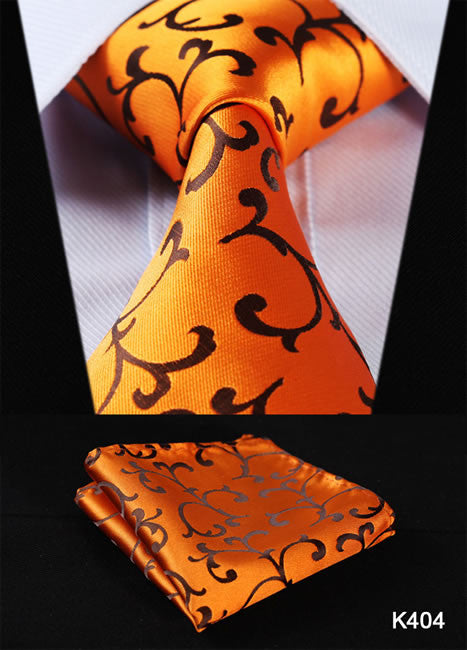 Orange Navy Blue Floral 100% Silk Tie Necktie Set