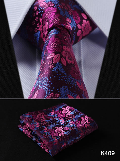 Orange Navy Blue Floral 100% Silk Tie Necktie Set