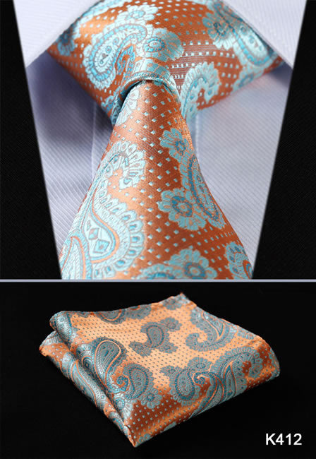 Orange Navy Blue Floral 100% Silk Tie Necktie Set
