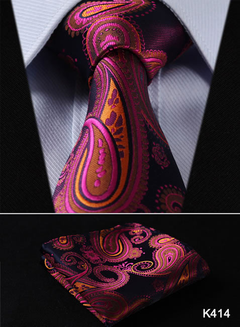 Orange Navy Blue Floral 100% Silk Tie Necktie Set
