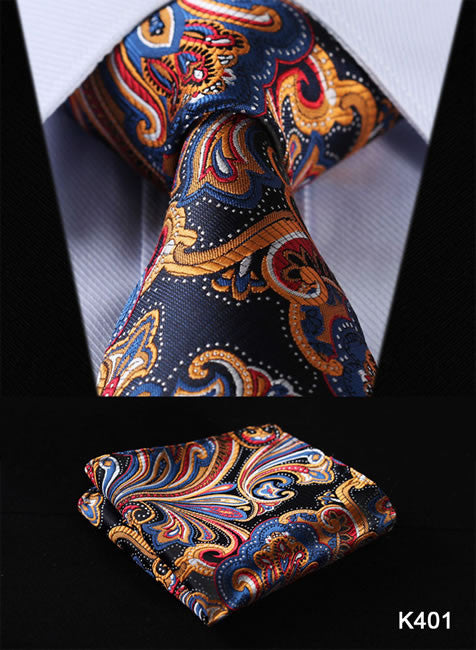 Orange Navy Blue Floral 100% Silk Tie Necktie Set