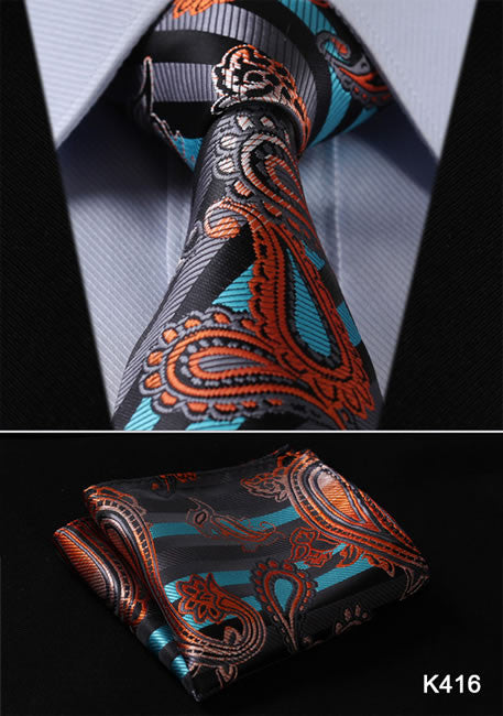 Orange Navy Blue Floral 100% Silk Tie Necktie Set
