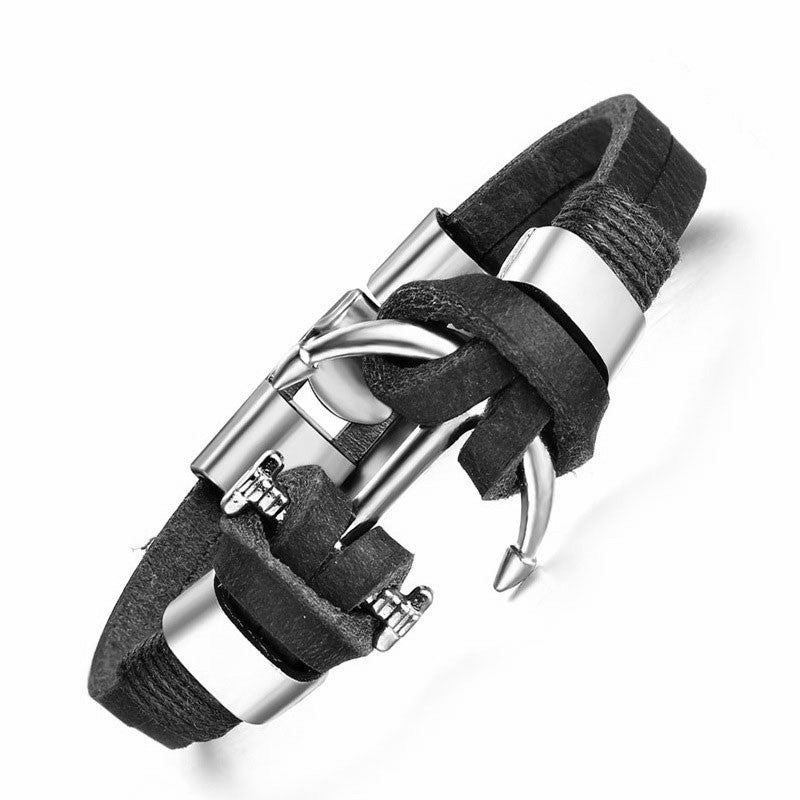 Leather Woven Anchor Charm Bracelet