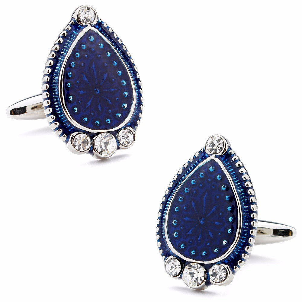 Blue Enamel, Crystal Water Drop  Cufflinks