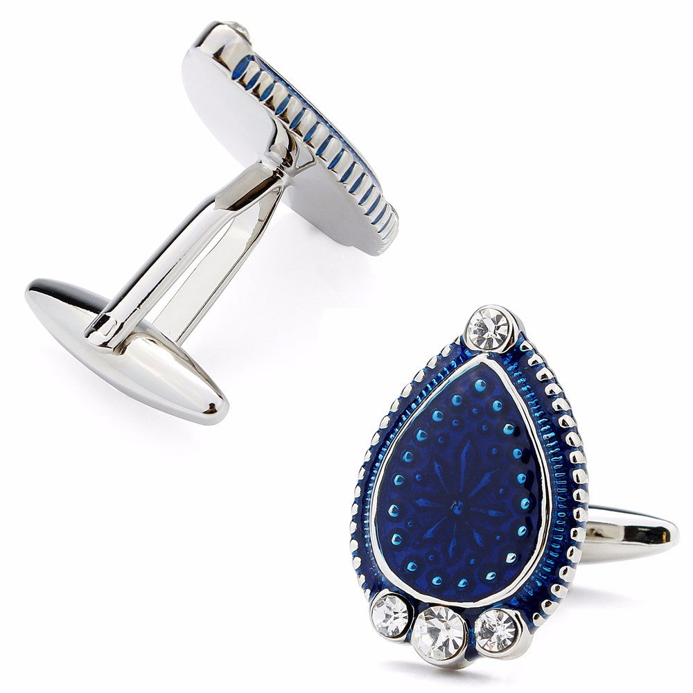 Blue Enamel, Crystal Water Drop  Cufflinks