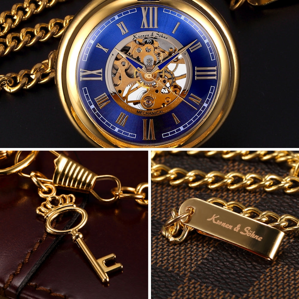 Gold Steampunk Roman Mechanical Blue Pocket Watch