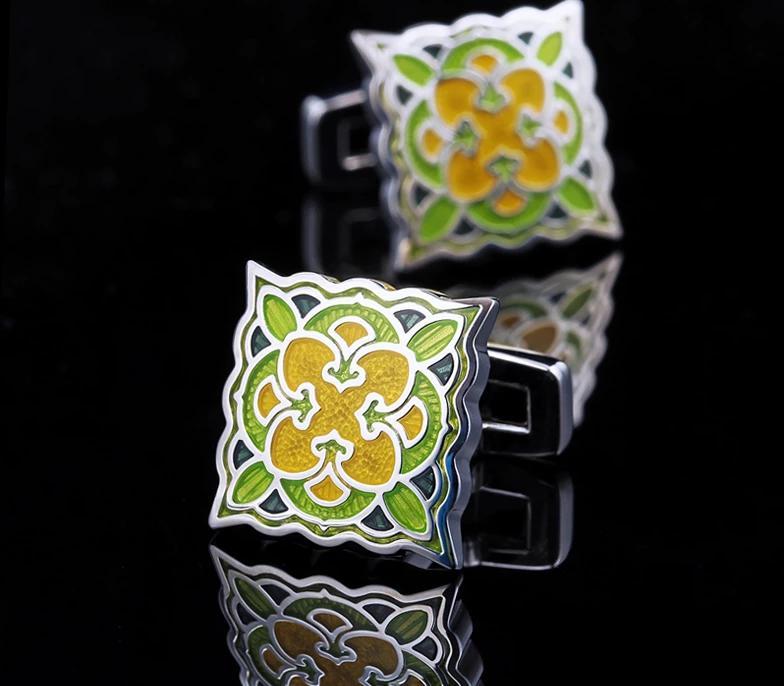 GREEN AND YELLOW ENAMEL CUFFLINKS