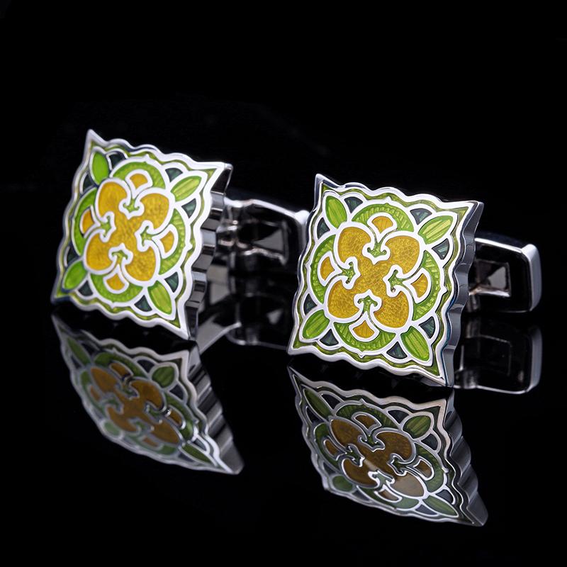 GREEN AND YELLOW ENAMEL CUFFLINKS