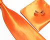 Orange Tie, handkerchief, cufflinks, 100% Silk