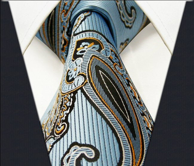 Paisley Blue Azure White Yellow Black Tie, 100% Silk