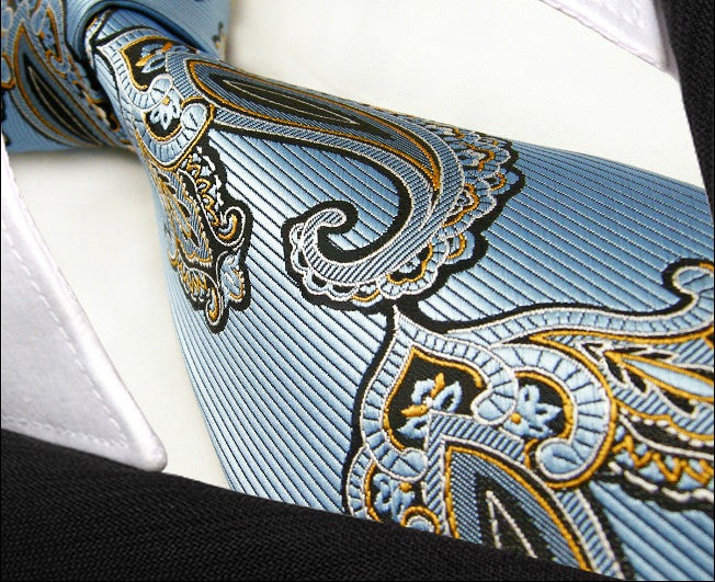 Paisley Blue Azure White Yellow Black Tie, 100% Silk