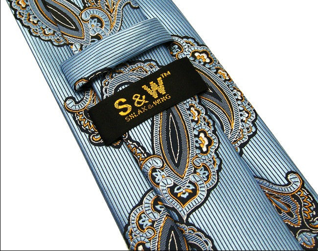 Paisley Blue Azure White Yellow Black Tie, 100% Silk