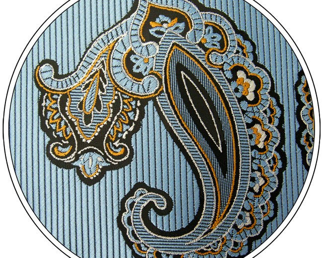 Paisley Blue Azure White Yellow Black Tie, 100% Silk