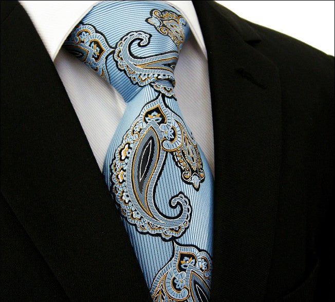Paisley Blue Azure White Yellow Black Tie, 100% Silk