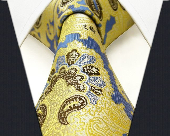 Paisley Yellow Blue Tie, 100% Silk