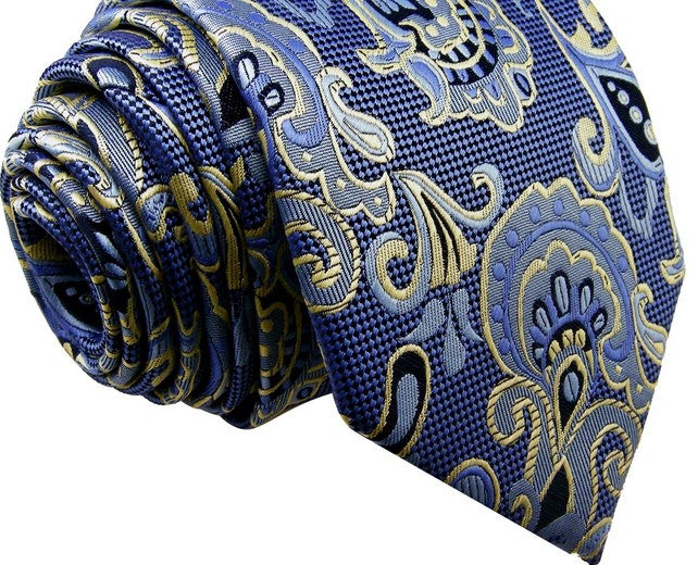 Floral Blue Yellow Tie, 100% Silk