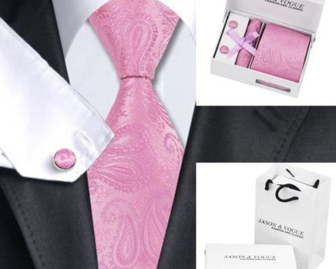 Pink White Silk Tie Hanky Cufflinks Set