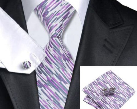 Grey and Silver Stripe Silk Tie Hanky Cufflinks Set