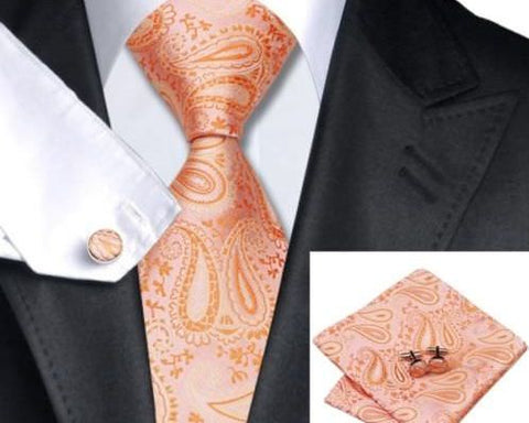 Pink White Silk Tie Hanky Cufflinks Set