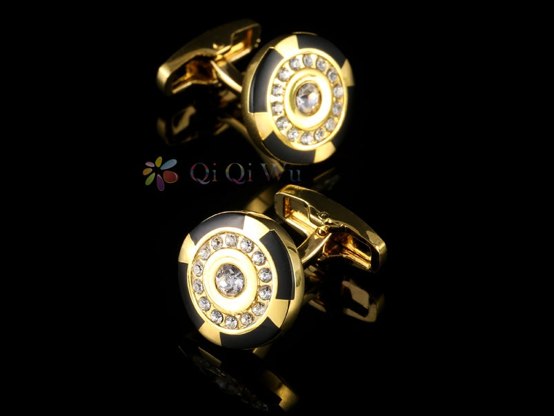 ROUND GOLD AND BLACK CRYSTAL CUFFLINKS