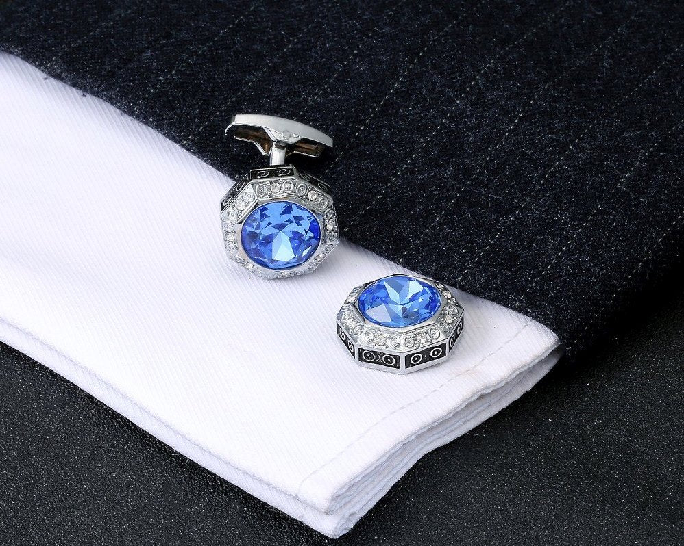 SILVER BLUE CRYSTAL CUFFLINKS