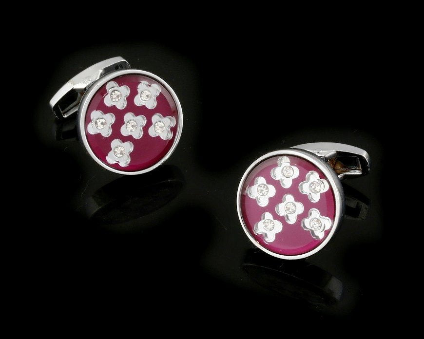 SILVER ROUND FLOWER CRYSTAL CUFFLINKS