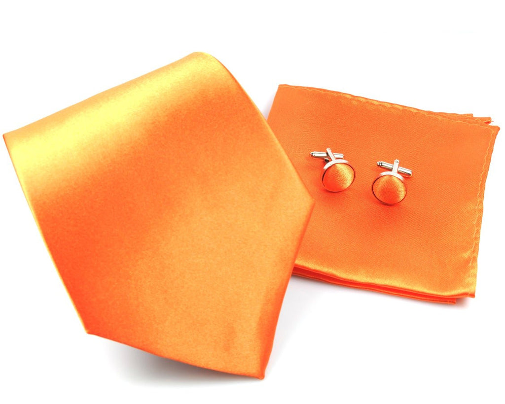 Orange Tie, handkerchief, cufflinks, 100% Silk