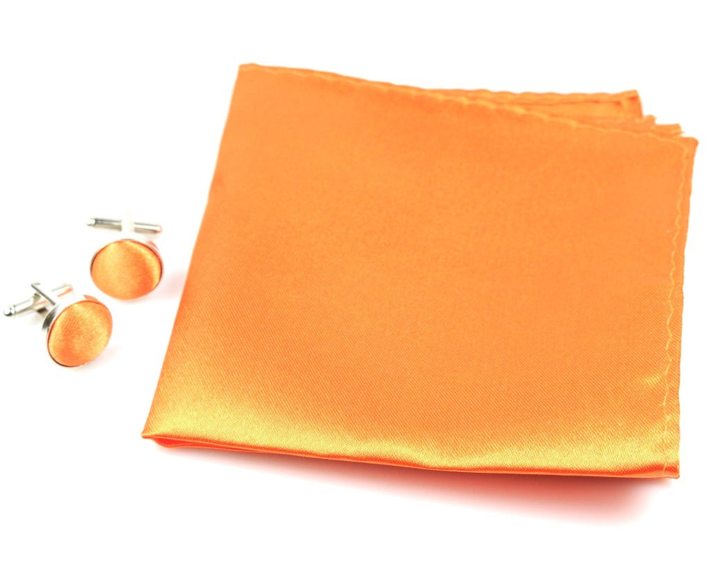 Orange Tie, handkerchief, cufflinks, 100% Silk