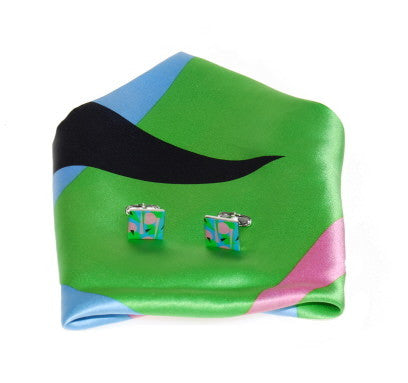 Brown Blue Tie Hanky Cufflinks Set