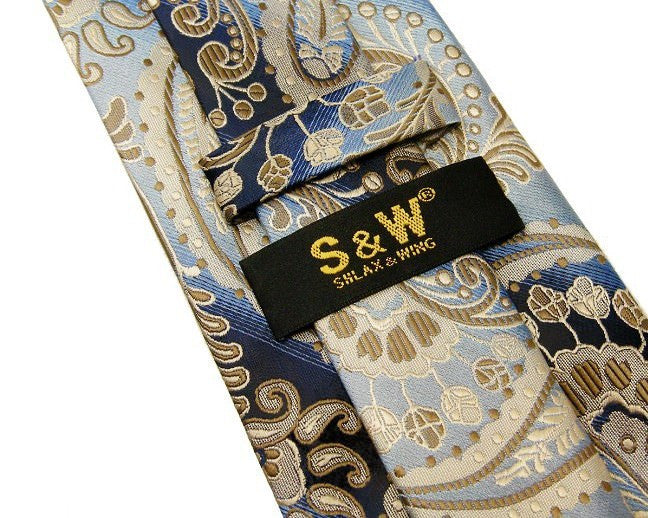 Paisley Blue Azure Khaki Tie, 100% Silk