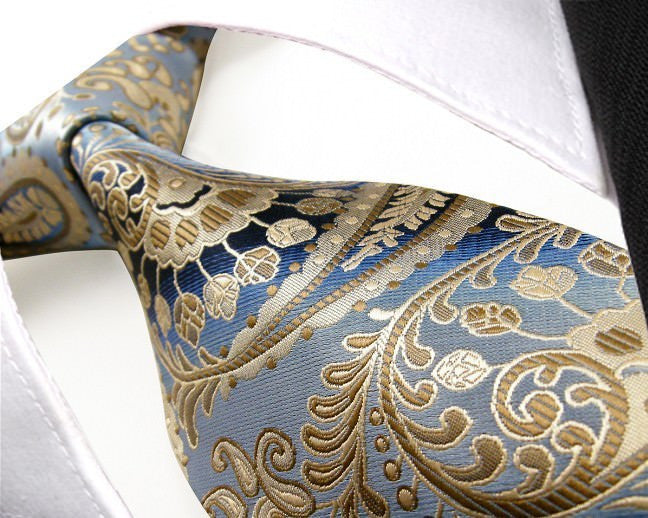 Paisley Blue Azure Khaki Tie, 100% Silk