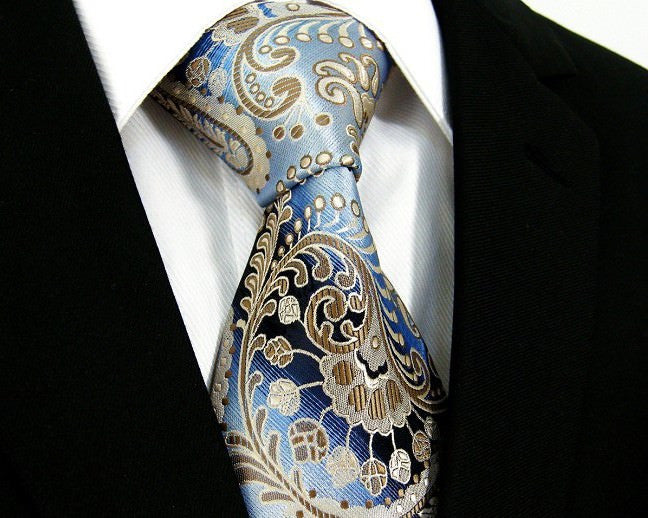 Paisley Blue Azure Khaki Tie, 100% Silk