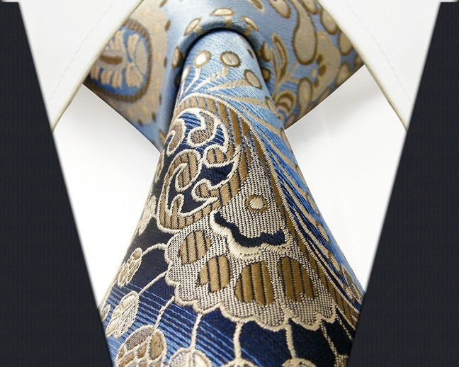 Paisley Blue Azure Khaki Tie, 100% Silk