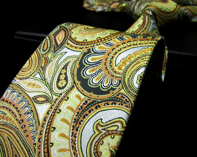 Paisley Multicolour Green Yellow Tie, 100% Silk