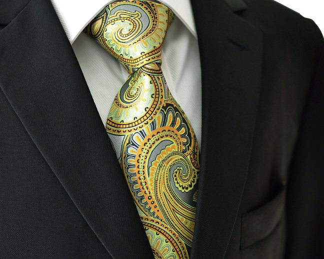 Paisley Multicolour Green Yellow Tie, 100% Silk