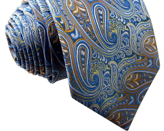 Paisley Light Blue Azure Yellow Tie, 100% Silk