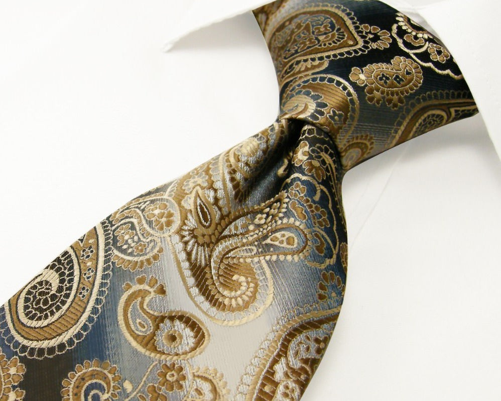 Paisley Khaki Silver Grey Tie, 100% Silk