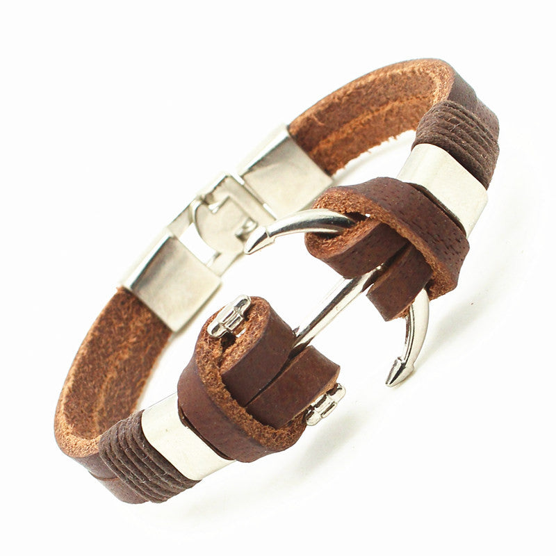 Leather Woven Anchor Charm Bracelet