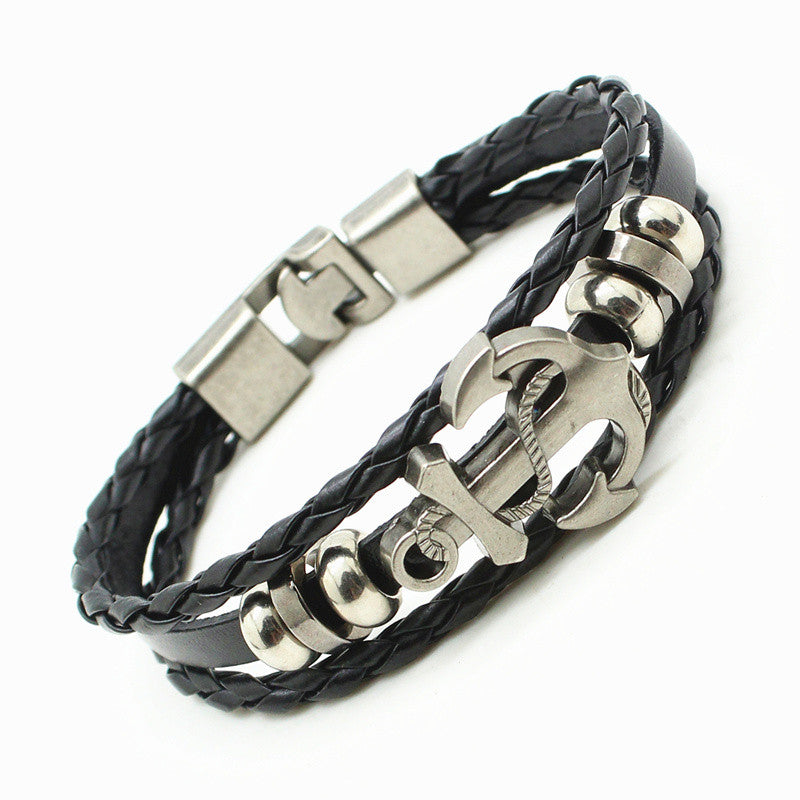 Leather Woven Anchor Charm Bracelet