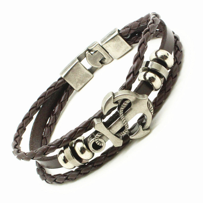 Leather Woven Anchor Charm Bracelet