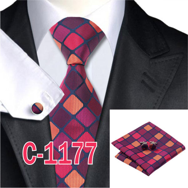 20 Style Mens Tie Set Fashion Plaid Silk Neck Tie Hanky Cuff links for Business Wedding Suit Jacquard Woven Ties for Men